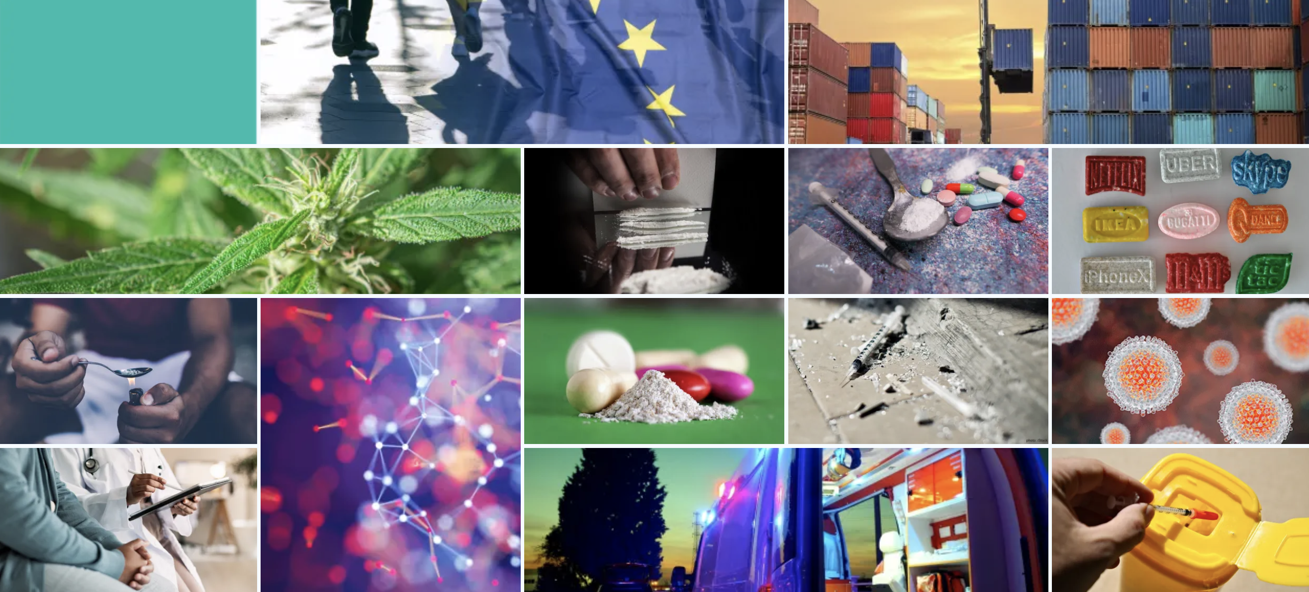 A mosaic of drug and societlal related images used to illustrate 金刚趣投平台 Drug Report 2025